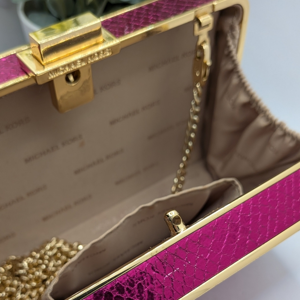 Michael Kors Metallic Fuchsia Snake-Texture Box Clutch with Gold Trim - Picture 4 of 4